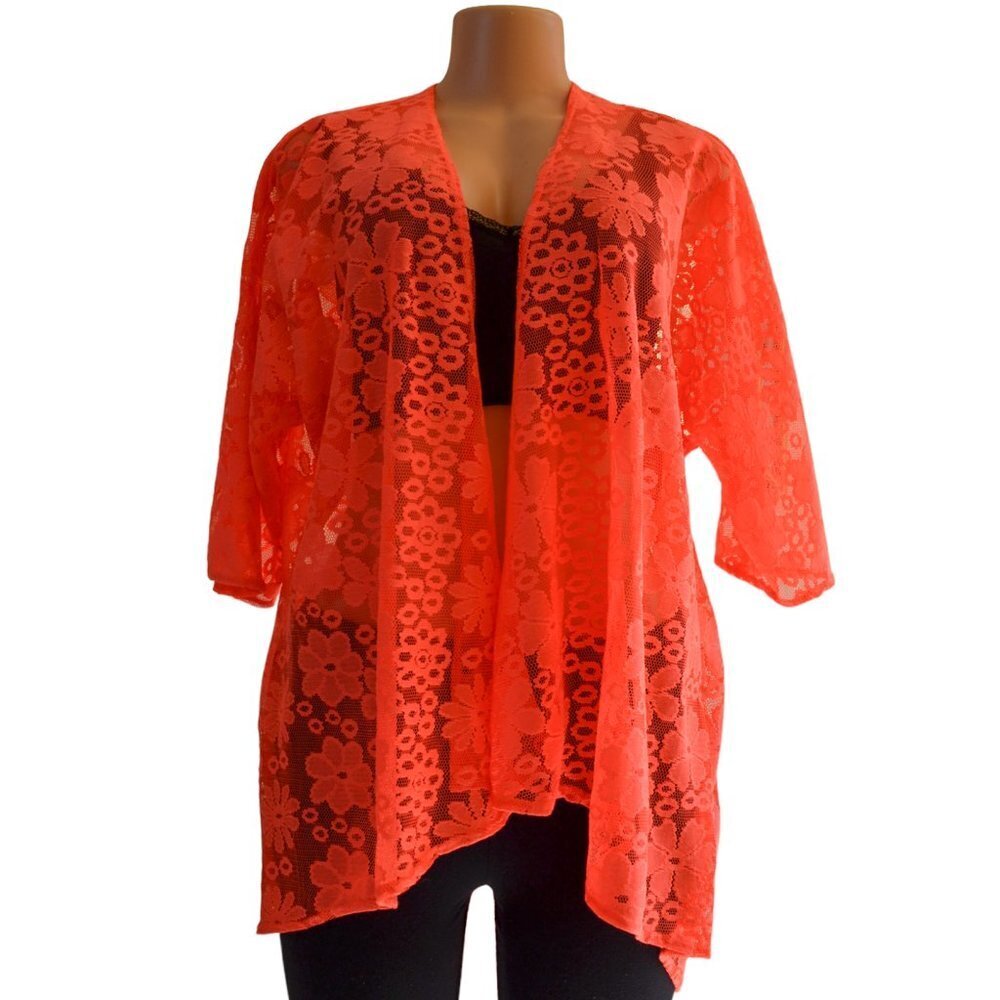 LuLaRoe Lindsay Kimono Neon Orange Floral Lace,  Light Cover Up Halloween Fall - Picture 2 of 8